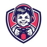 a smiling boy playing games on a shield vector