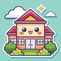 a cartoon house with a smiling face and clouds vector