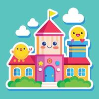 school building with cute birds and a bird on top vector
