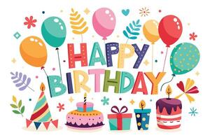 happy birthday card with balloons and cake design art design art vector