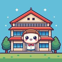 a cartoon character standing in front of a school building vector