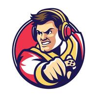 mascot icon illustration of a gamer with headphones holding controller set inside circle on isolated background done vector