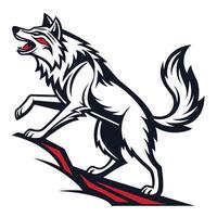 a wolf is standing on a rock with its mouth open vector