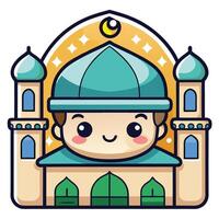 cartoon muslim boy with a mosque in the background vector