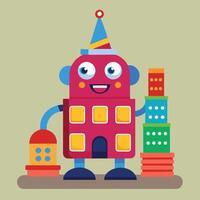 a cartoon robot holding a birthday cake and stacks of blocks vector