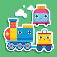 cartoon train and toy car sticker vector