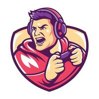 mascot icon , game gamer angry man with headphones holding controller set inside shield crest on isolated vector