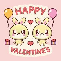 two cute rabbits with balloons and a heart on a pink background vector