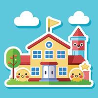 school building with cute characters and a clock tower vector