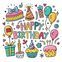 happy birthday card with colorful doodle elements vector