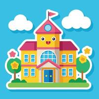 school building with cartoon face and clouds vector