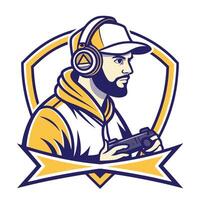 mascot illustration of a gamer with headphones holding a controller set inside shield crest on isolated background vector