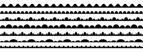Wavy repeating pattern border collection. Scallop shape frame set for decoration, banner, poster, design. Wave edge seamless stripes for divide and separate. Black repeated squiggle stroke pack vector