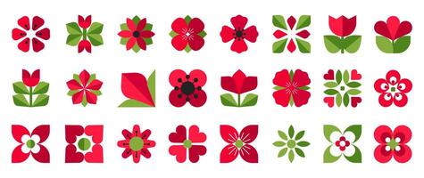 Set of geometric flowers with leaves for abstract designs, patterns, logo, decor, and other projects vector