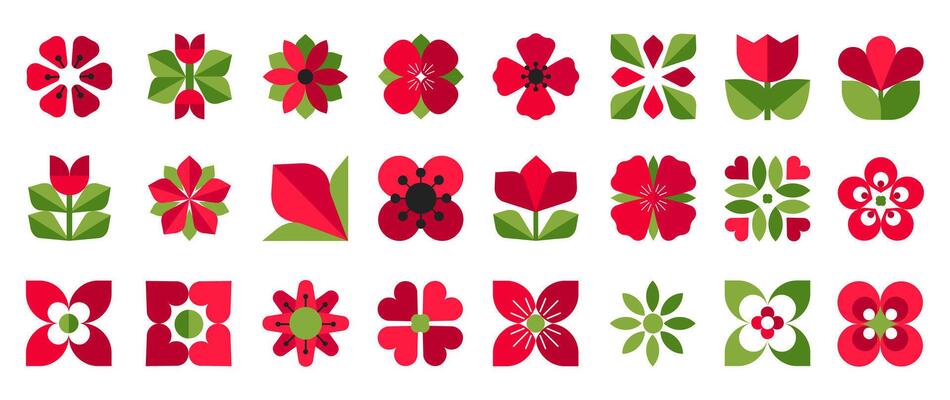 Set of geometric flowers with leaves for abstract designs, patterns, logo, decor, and other projects