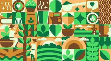 Matcha and Green Tea Pattern with minimalist icons. A Geometric Bauhaus Journey from Field to Cup vector