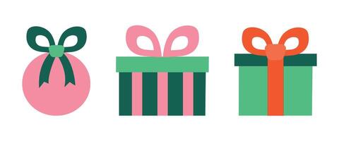 Set of Gifts in Flat style tied with ribbon and Bow. Festive greeting Round and square Box. Greeting Present for holiday, birthday, New Year. Surprise. Front view. Color image. illustration vector