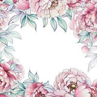 Soft pink peonies entwine with green leaves, creating a beautiful border that invites creativity and tranquility in watercolor style. vector