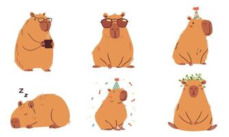 A set of flat illustrations in a simple children's style. Cute capybaras in different poses, meditates, wearing sunglasses, office worker and others vector