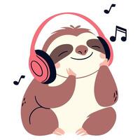 Flat illustration in a simple children's style. Cute sloth sitting and listening to music on white background vector