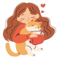 Cute little girl hugging cat, children and pets. Flat illustration in simple child style on white background vector