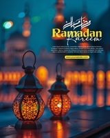 Islamic ramadan kareem template design with 3d realistic golden lantern lined up on blue background psd