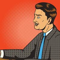 Man smiling pop art retro style illustration. Comic book style imitation. Man on the interview vector