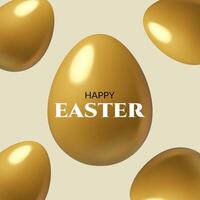 Minimal Easter background design with 3d realistic golden eggs pattern vector