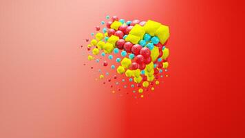 Vivid balls float in the air on a red backdrop, creating a colorful event photo