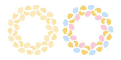 Whole and Cracked Eggs Circular Frames golden monochrome and multicolored. Copy space Template idea. Set 2. Isolated illustration Thematic cards, labels or web promo banner, leaflets, booklets vector
