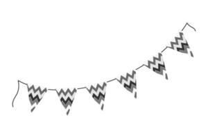 Triangular patterned Pennant garland on rope in grayscale. Monochrome decorative design element idea. Isolated illustration Greeting cards, posting or web promo banner, leaflets, labels, tags vector