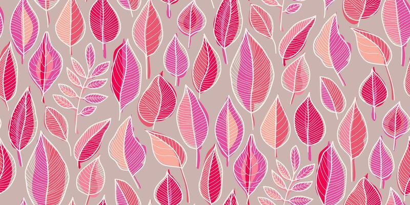 Seamless floral leaf pattern in pink, purple, red with white vein details on light grey background. Perfectly for textiles, wallpapers, packaging, wrapping papers, fabrics, decor ornament.
