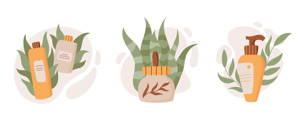 Minimal organic beauty lotion jar, isolated natural makeup shampoo tube, eco moisturizing skincare pack collection, antiaging cleansing hygiene product bottle, illustration.