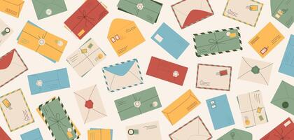 Flat style handmade envelope background, trendy paper mail concept illustration, cartoon craft post card with stamps banner template, creative handwritten postcard design with wax seal. vector