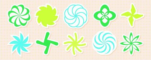 Space trippy y2k spiral and swirl sticker set, geometric trendy acid vortex element aesthetic, cyber geometry groovy whirlwind symbol , retro 90s figure graphic, modern techno rave icon design, vector