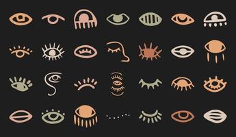 Doodle boho eye minimal element collection, modern abstract irregular form art, flat geometric eyeball and eyebrow silhouette graphic, cute liquid asymmetric symbol design, trendy organic shape set. vector