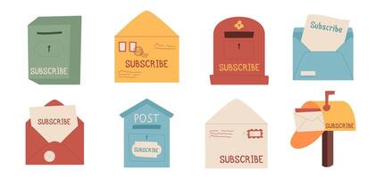 Flat style mailbox collection subscribe concept, creative craft mail in postbox set for newsletter template, cartoon handmade envelope subscription illustration and trendy greeting postcard background vector