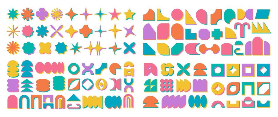 Basic decorative brutalism signs collection art, minimal futuristic flat silhouette shape shadow design, contemporary groovy form collection, geometric brutal icon in modern 80s cartoon.