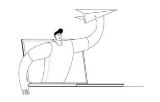 Man launches paper airplane. Isolated character. vector
