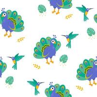 Colorful illustration of peacocks and hummingbirds in a vibrant nature pattern vector