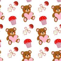 Cute pattern featuring teddy bears, cupcakes, and hearts in playful design vector