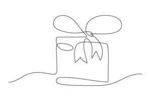 Simple line drawing of a gift box with ribbon and leaves on a plain background vector