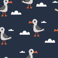 Colorful seagull pattern design on a dark blue background with white clouds vector