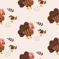 Colorful pattern featuring turkeys and small birds with leaves on light background vector