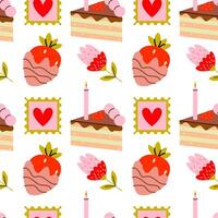 Colorful pattern featuring dessert illustrations with hearts and candles in a whimsical design vector