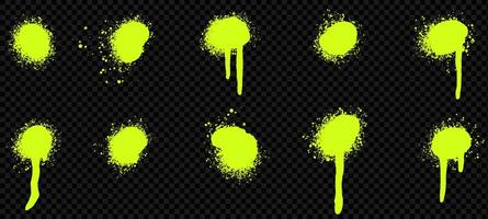 set of acid spray paint splatter and drip effects. Green splashes, ink spots, and grunge stains create a dynamic urban background. vector