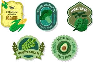 Different retro vegetables banner and labels. Packaging tags with corn, spinach, broccoli, avocado, asparagus. Set of seasonal vegetables labels stickers and marks or badges template for packaging vector