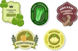 Different retro vegetables banner and labels. Packaging tags with patissons, onion, ginger, Brussels sprouts, celery. Set of seasonal vegetables labels stickers and marks template for packaging vector
