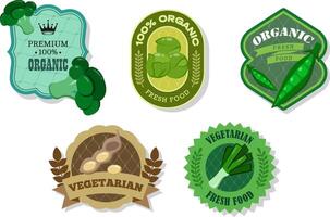 Different retro vegetables banner and labels. Packaging tags with Brussels sprouts, peas, broccoli, leek, soybeans. Set of seasonal vegetables labels stickers and marks template for packaging vector