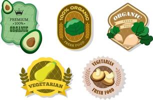Different retro vegetables banner and labels. Packaging tags with turnip, cabbage, avocado, zucchini, shiitake. Set of seasonal vegetables labels stickers and marks or badges template for packaging vector